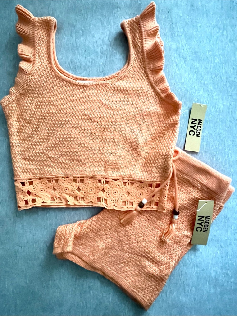 Madden Peach Crochet-Trim Size Large (11-13) Knit Tank & Shorts Set